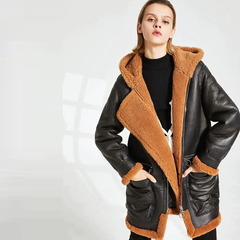 New Women Black Hooded Lambskin Shearling Leather Long Coat With Brown Fur