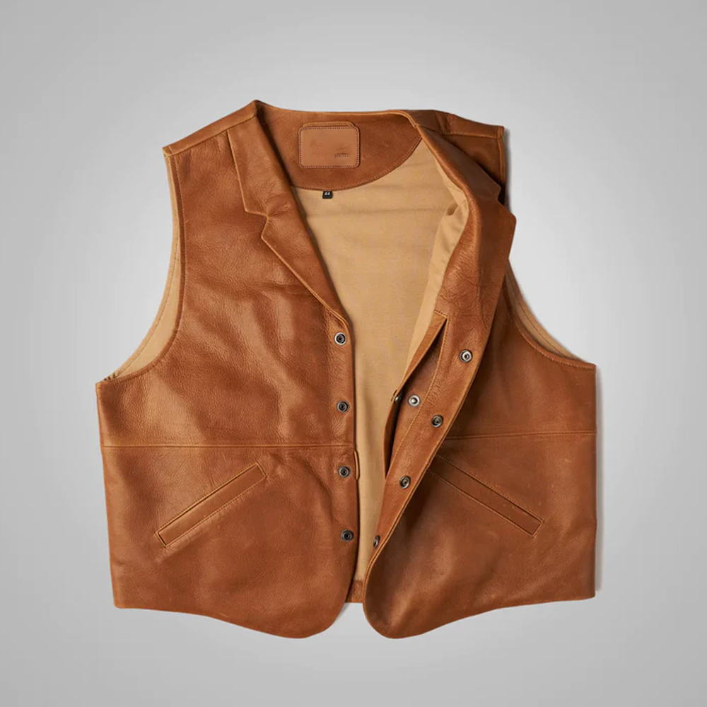 New Brown Mens Sheepskin Vintage Leather Cowboy Vest
