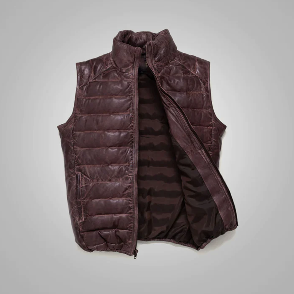 New Sheepskin Dark Brown Bubble Leather Vest For Men