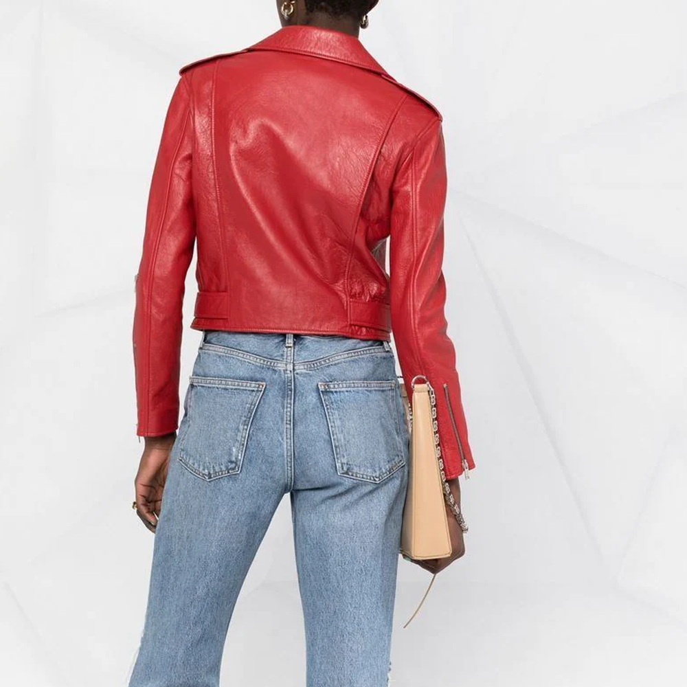 New Women's Red Lambskin Leather Designer's Fashion Leather Biker Jacket