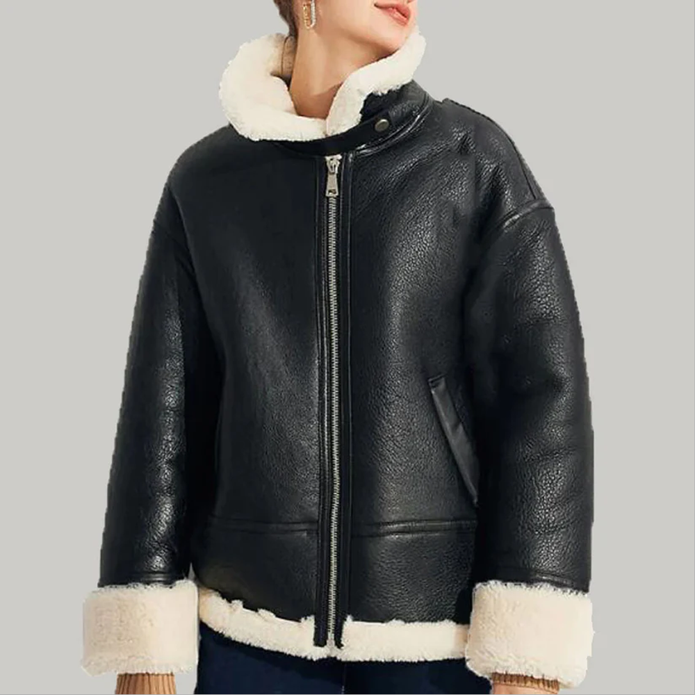 New Lambskin Women's Shearling Leather Lapel Collar Black Leather Coat