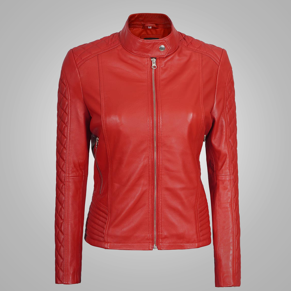New Red Fashion Women's Sheepskin Leather Biker Jacket