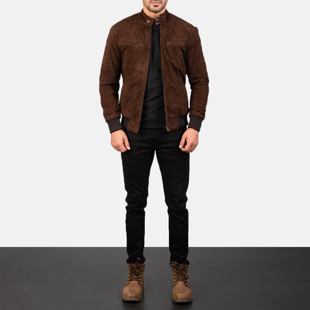 Mens Chocolate Brown Suede Sheepskin Genuine Leather Biker jacket