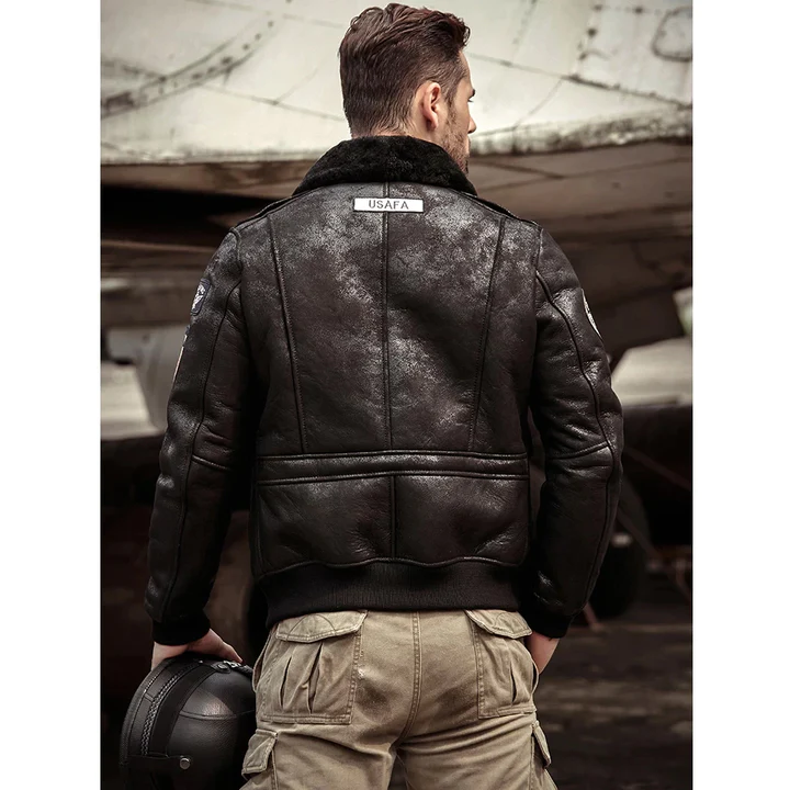 New Black RAF B3 Lambskin Shearling Suede Leather Bomber Jacket For Men