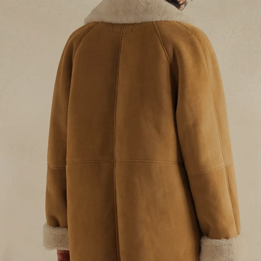 New Brown Khaki Double Breasted Sheepskin Shearling Leather Coat For Men