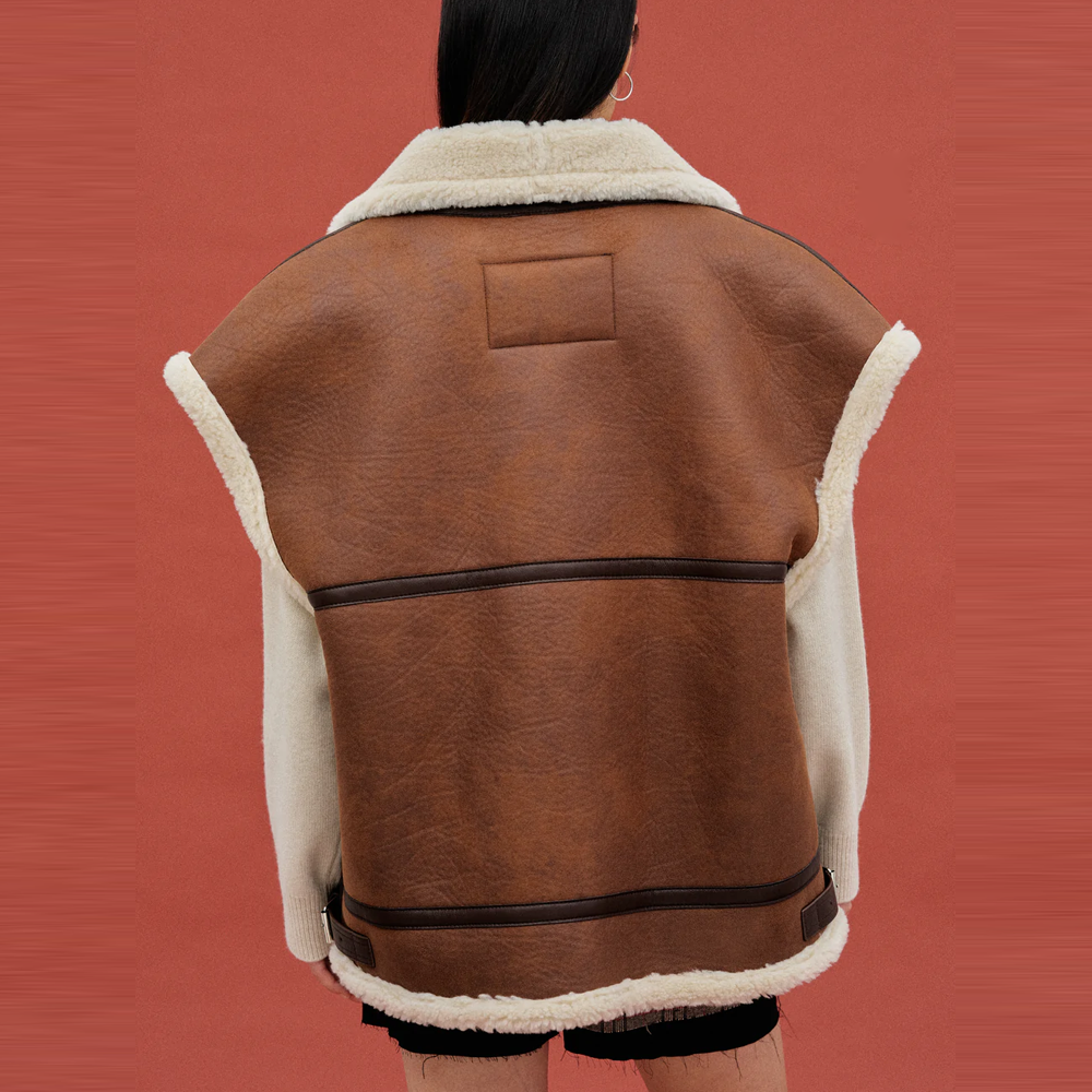 Women Brown Shearling Lambskin Aviator Leather Vest