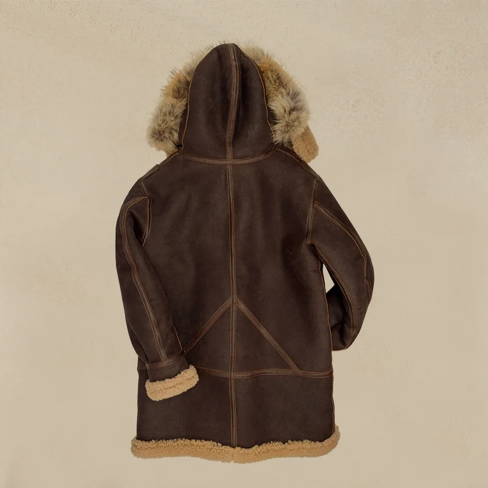 Men New Chocolate Brown Sheepskin Shearling Leather Coat With Fur hood