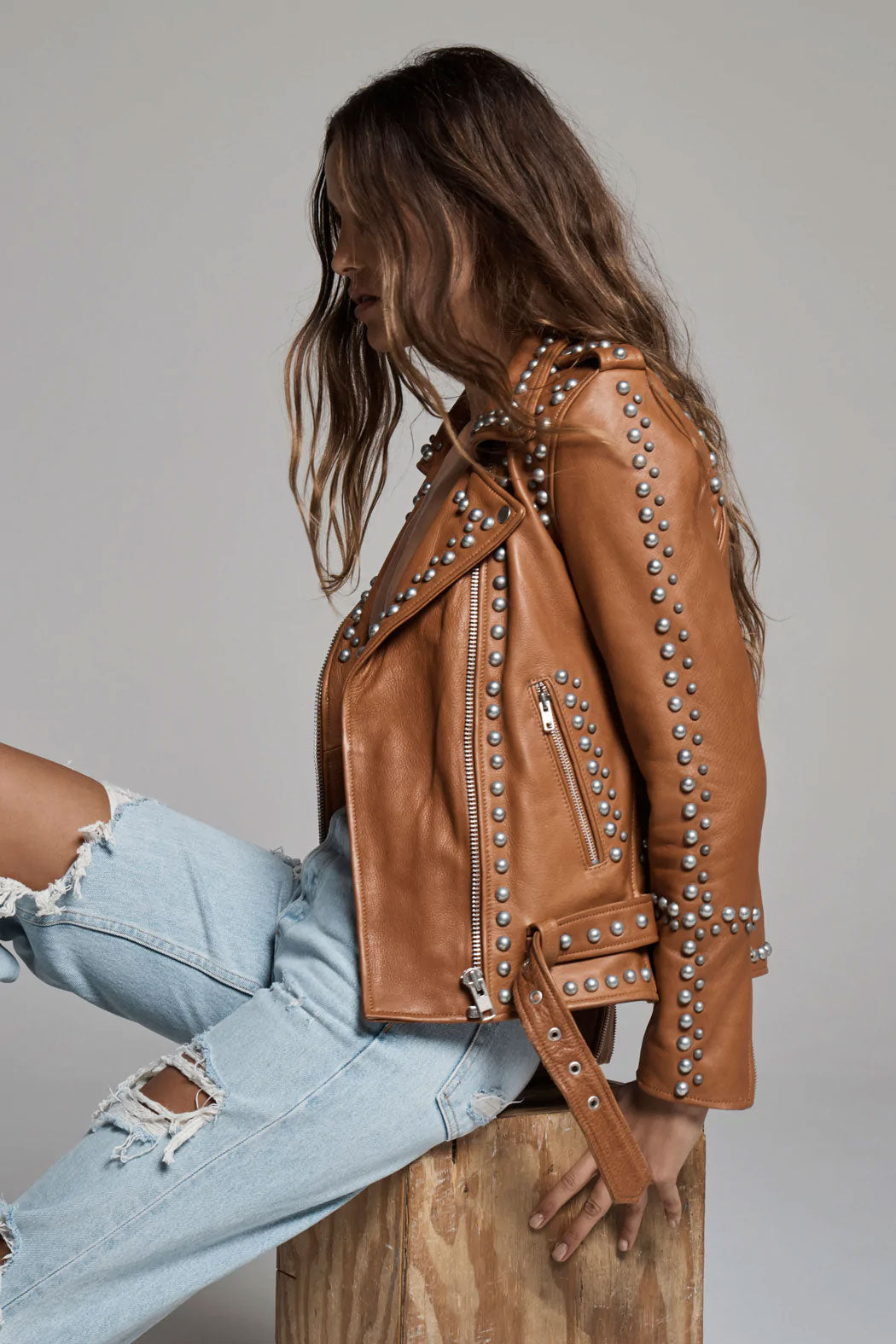 New Brown Style Silver Spiked Studded Motorcycle Leather Biker jacket For Women