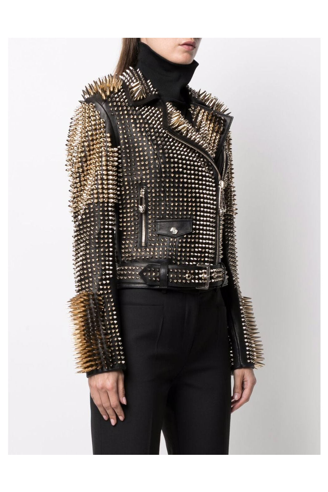 New Punk Silver Long Spiked Women Black Studded Biker Leather Jacket