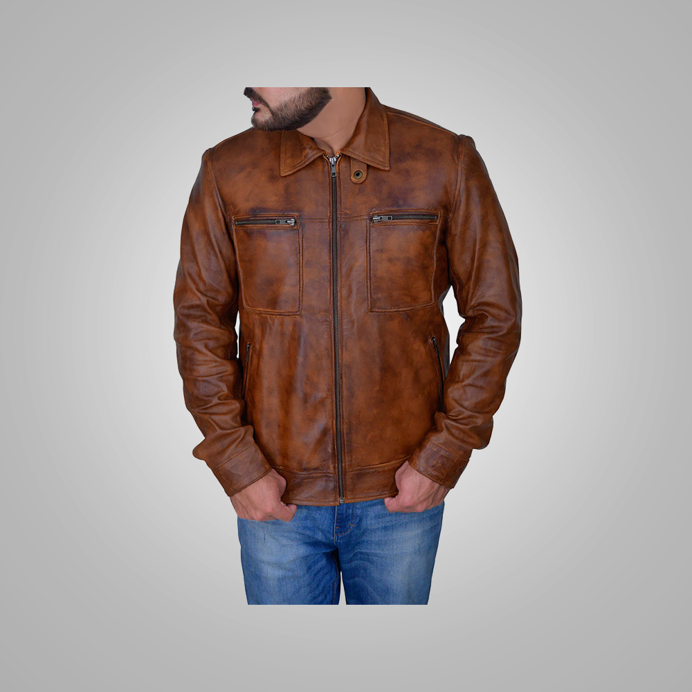 New Mens Brown Distressed Real Lambskin Leather Biker Jacket