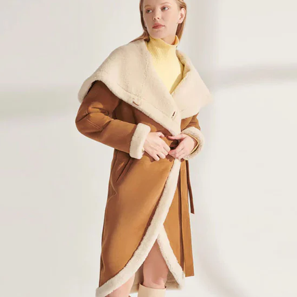 New Brown Women Sheepskin Shearling Big Hooded Leather Coat With White Fur