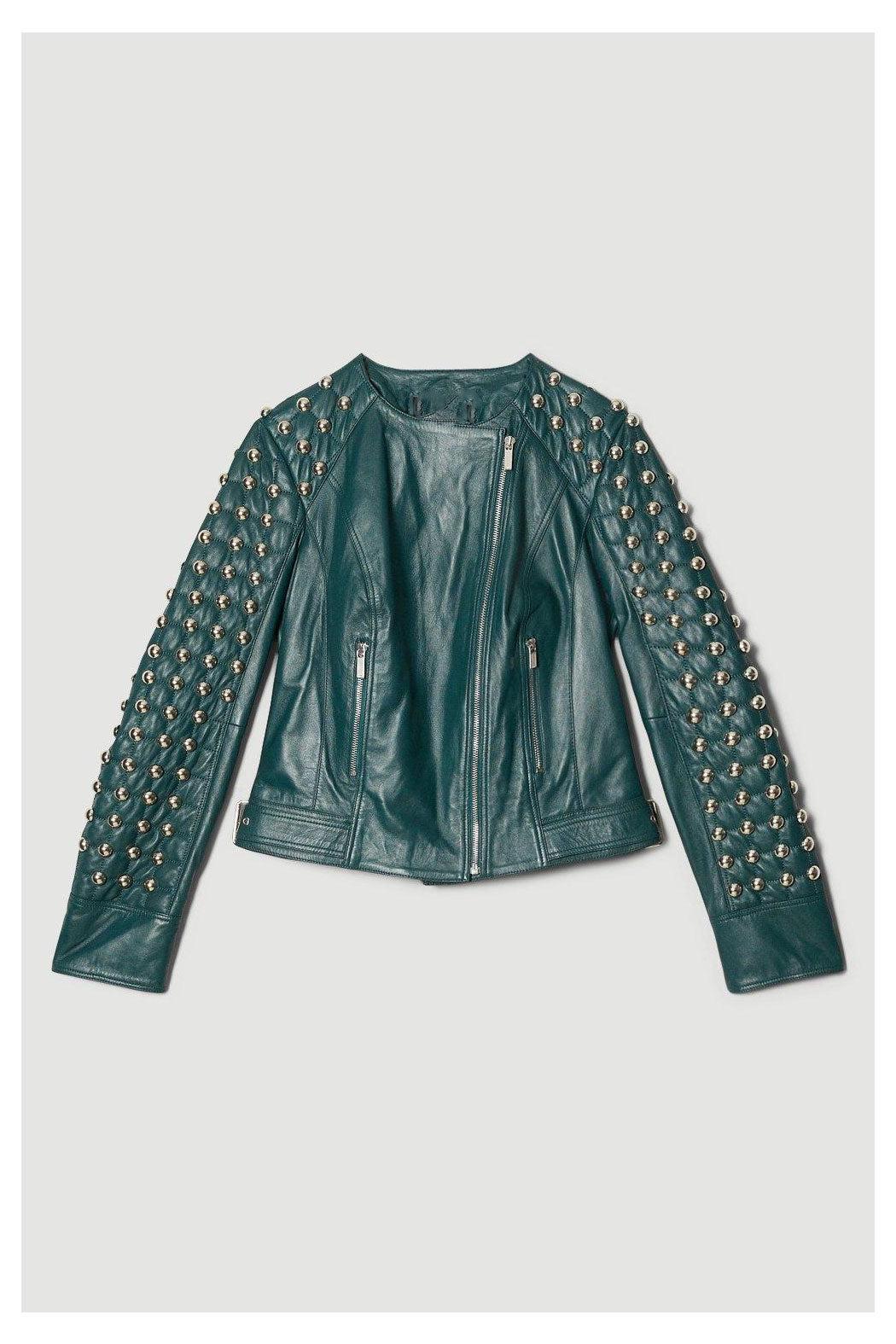 New Best Women Chocolat Green Motorcycle Style Silver Spiked Studded Leather Biker Jacket