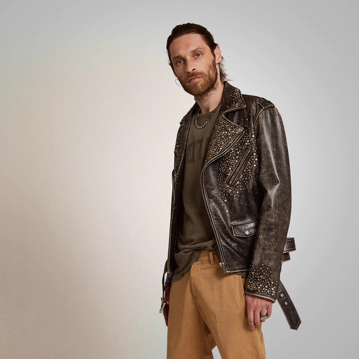 New Brown Lambskin Studded Distressed Genuine Leather Aviator Biker Jacket For Men