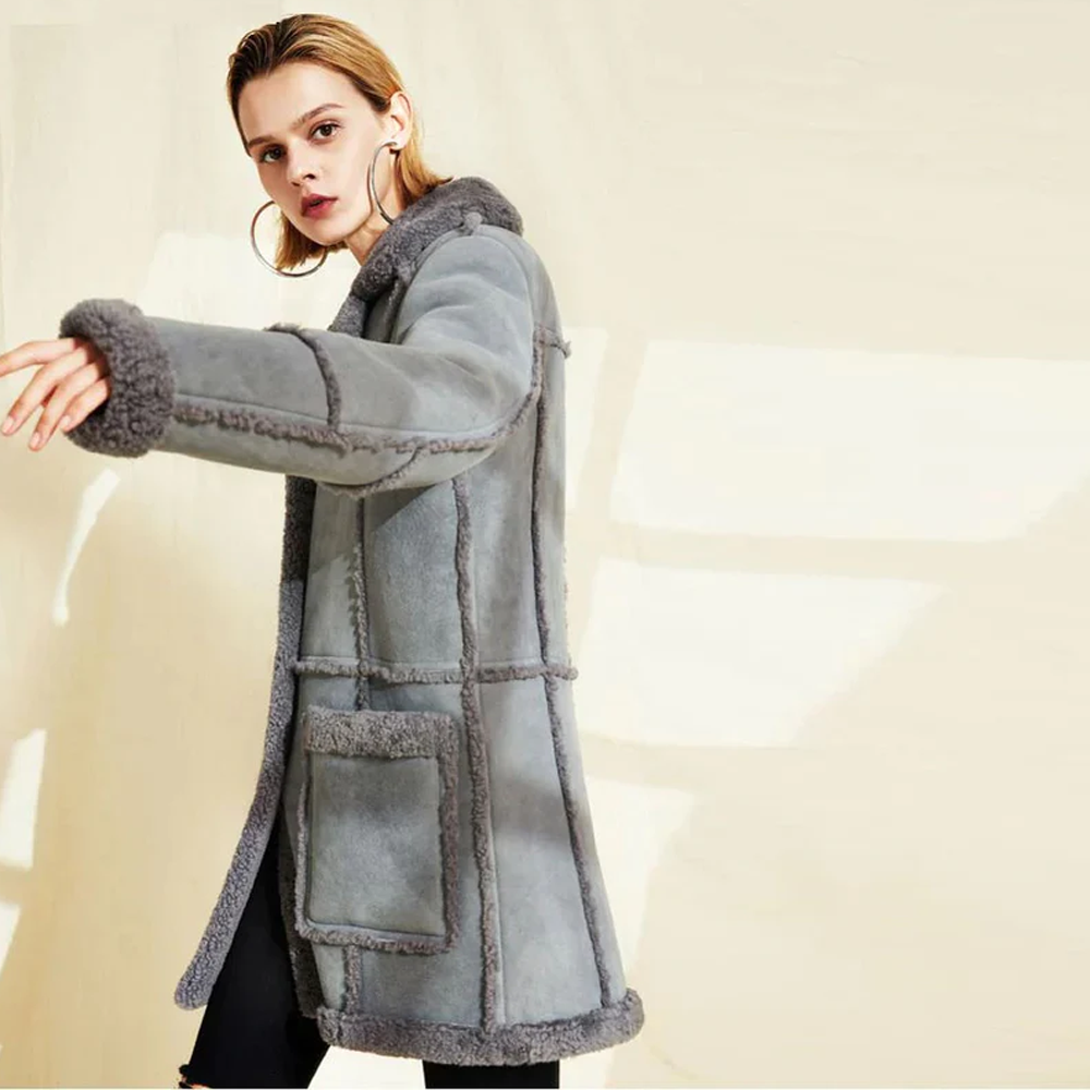 New Gray Women Lambskin Shearling Long Suede Aviator Leather Coat