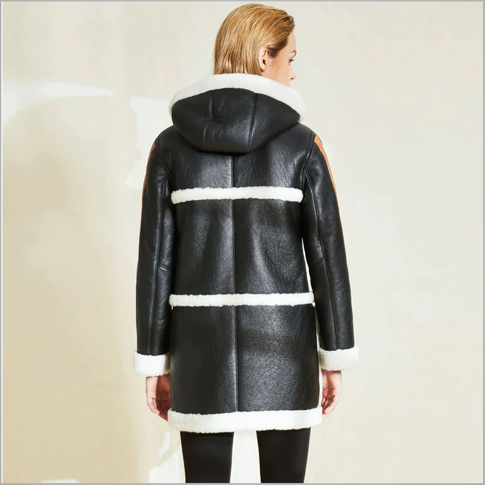 New Black Women's Hooded Lambskin B3 Bomber Shearling Leather Coat With White Fur