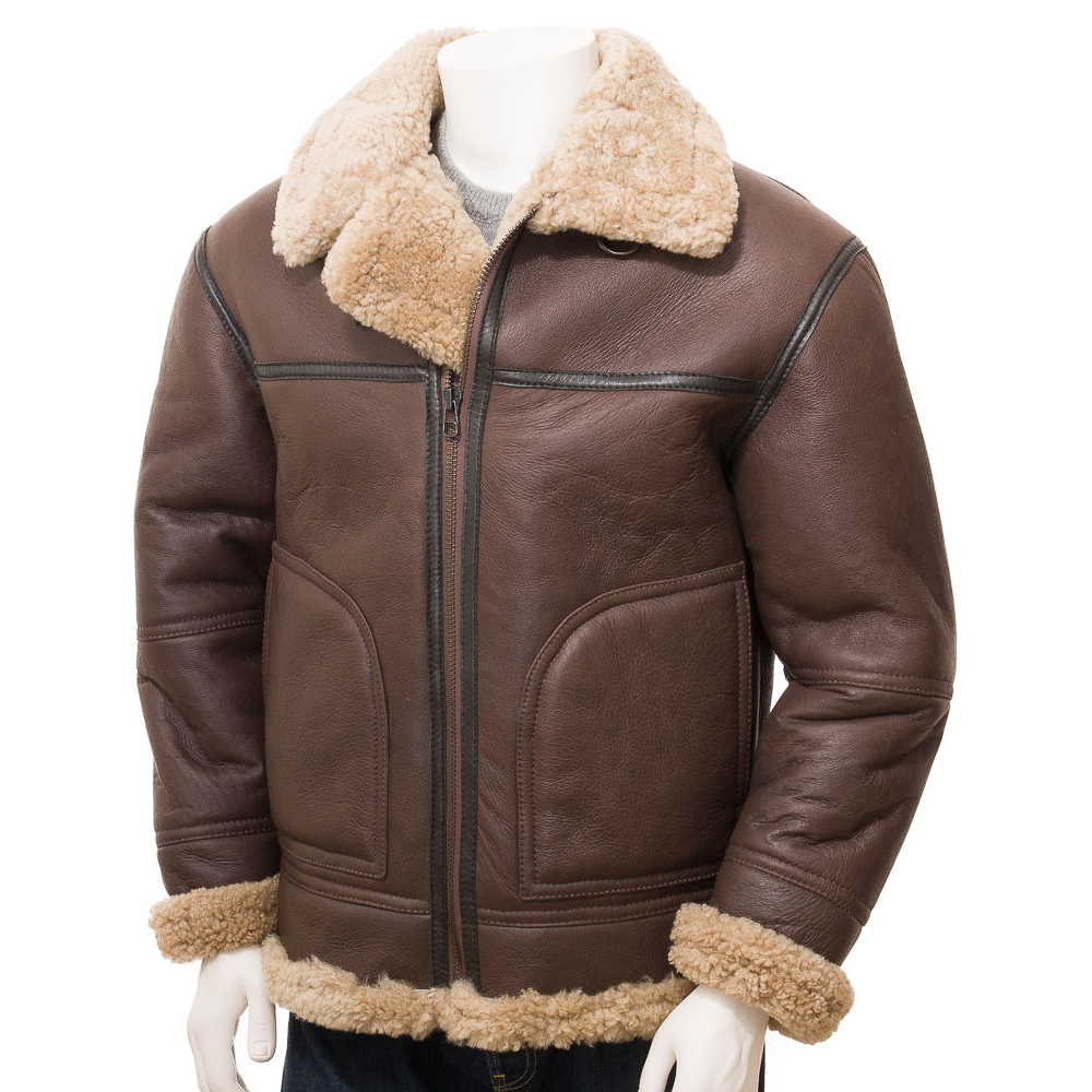 New Men Brown sheapskin Shearling Winter RAF B3 Bomber Leather Jacket Aviator