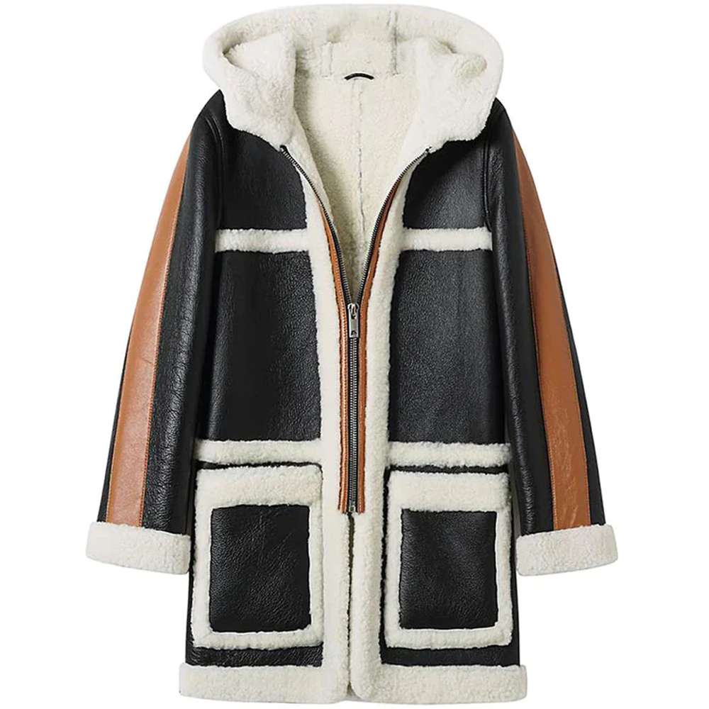 New Black Women's Hooded Lambskin B3 Bomber Shearling Leather Coat With White Fur
