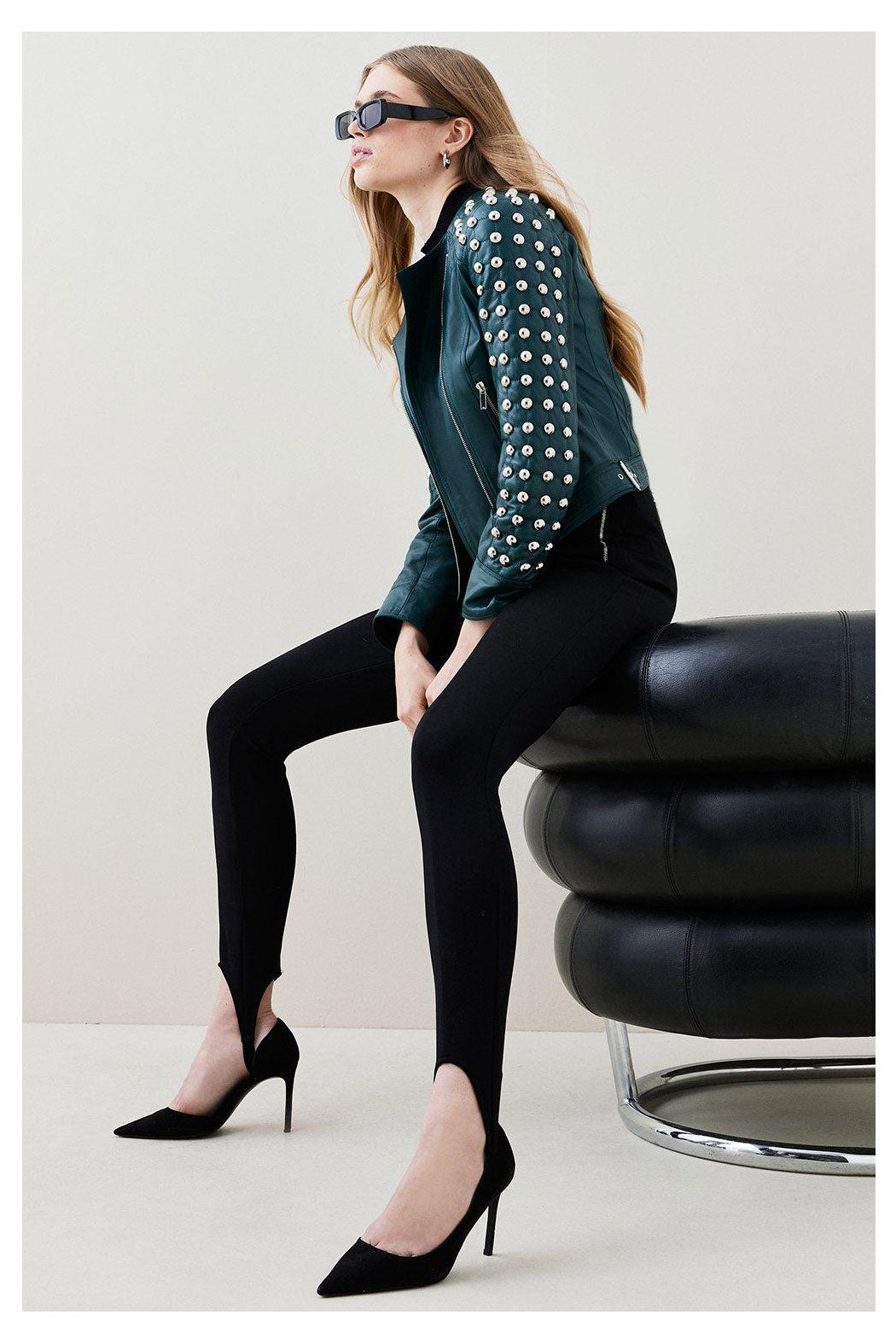 New Best Women Chocolat Green Motorcycle Style Silver Spiked Studded Leather Biker Jacket
