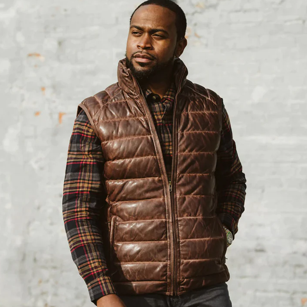 New Sheepskin Dark Brown Bubble Leather Vest For Men