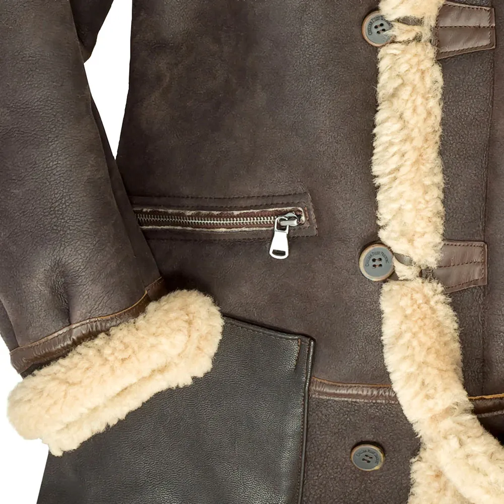 Men New Chocolate Brown Sheepskin Shearling Leather Coat With Fur hood