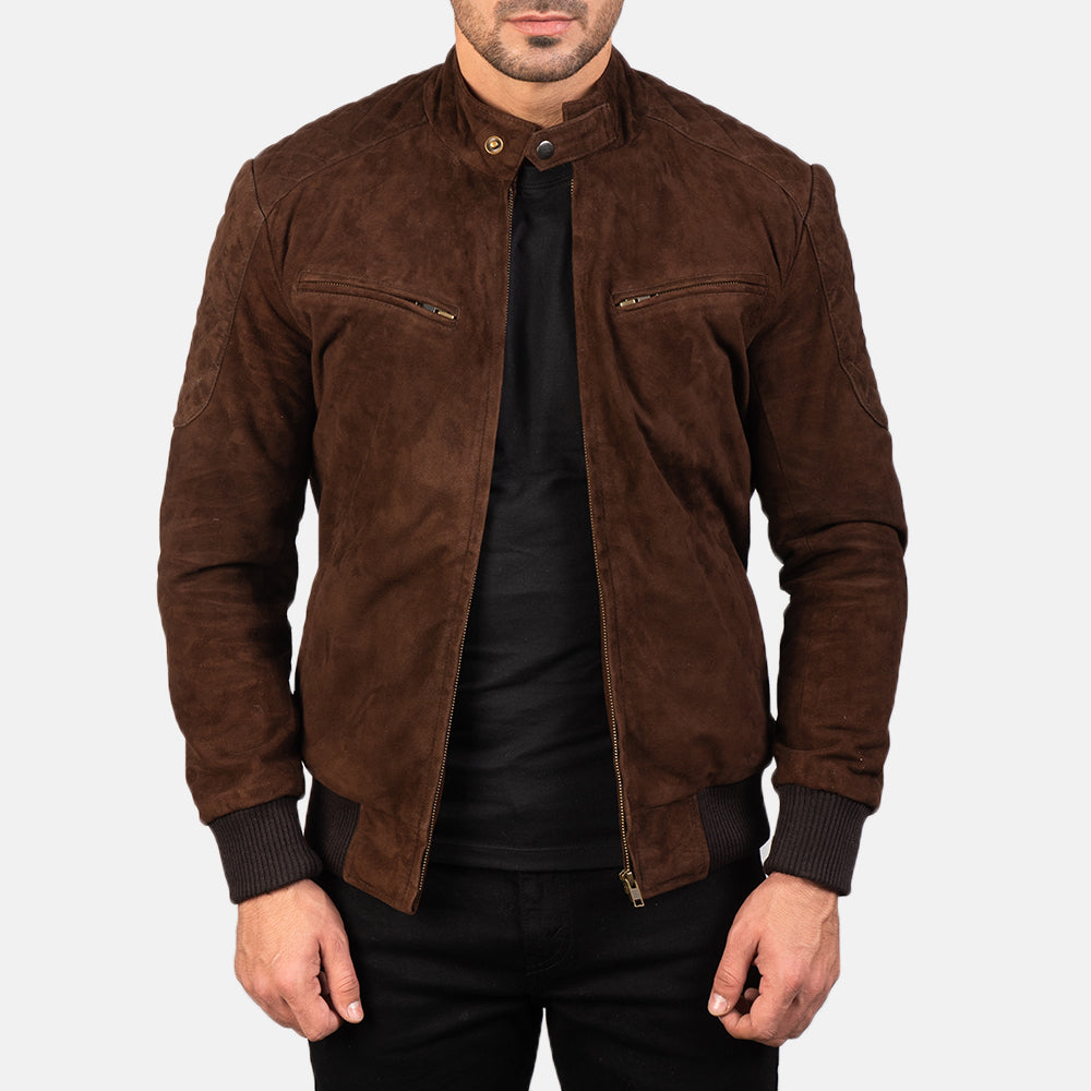 Mens Chocolate Brown Suede Sheepskin Genuine Leather Biker jacket