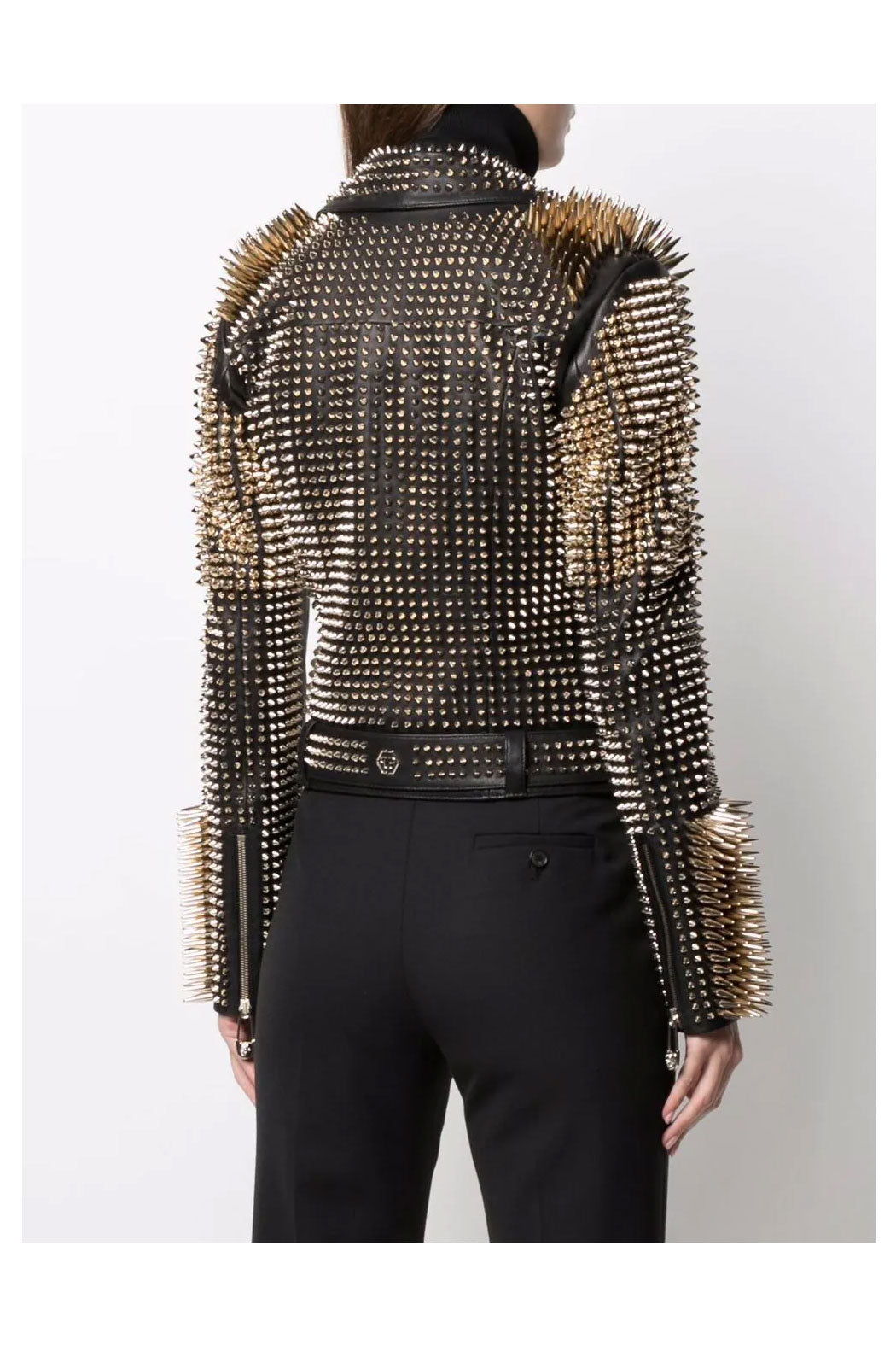 New Punk Silver Long Spiked Women Black Studded Biker Leather Jacket