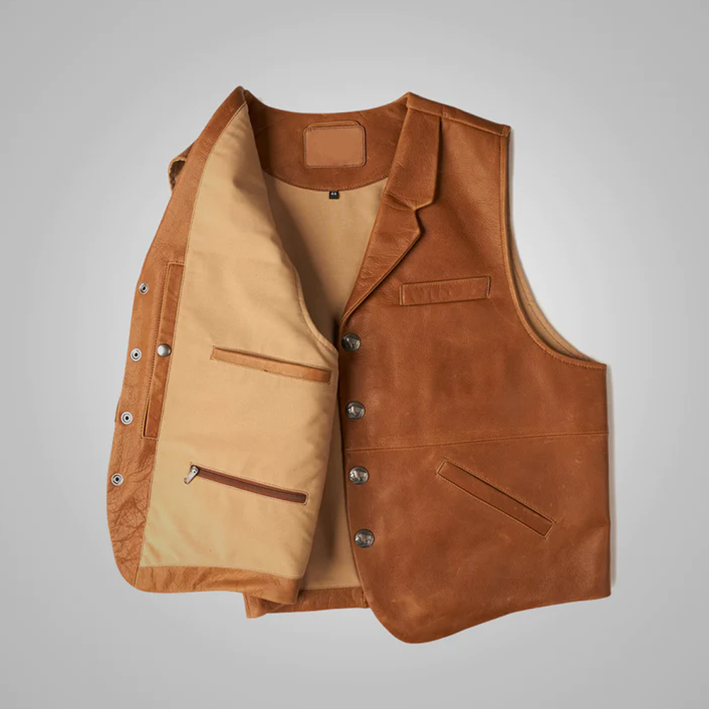 New Brown Mens Sheepskin Vintage Leather Cowboy Vest