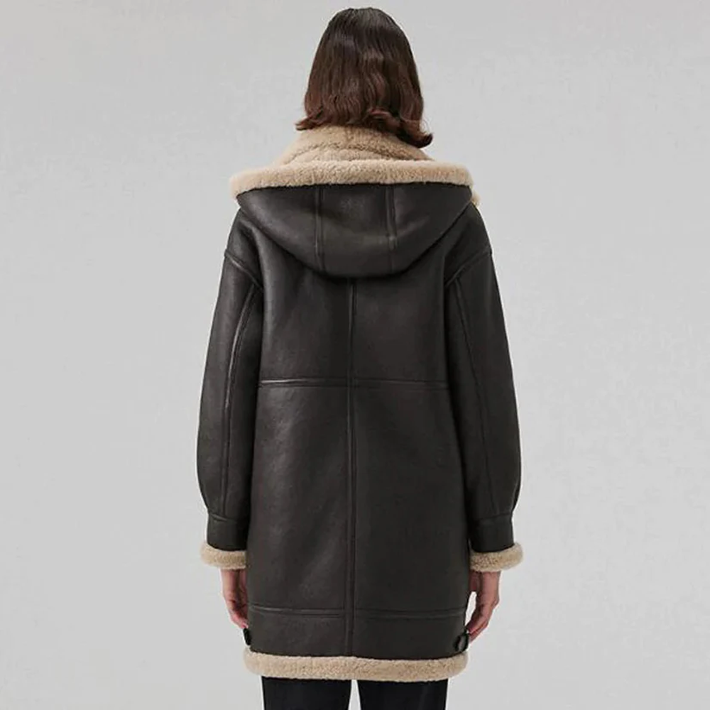 New Women Lambskin Hooded Shearling Leather Coat