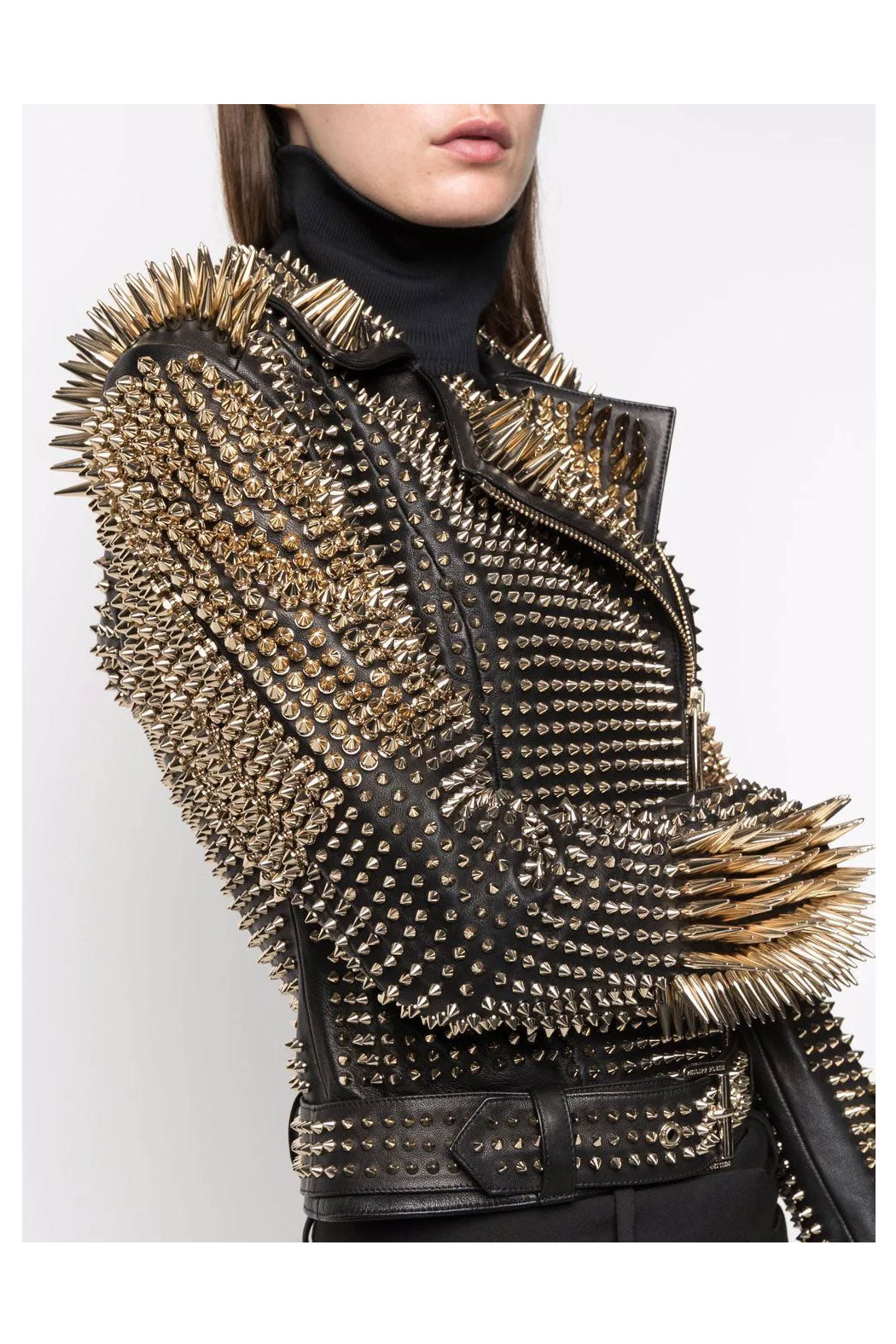 New Punk Silver Long Spiked Women Black Studded Biker Leather Jacket