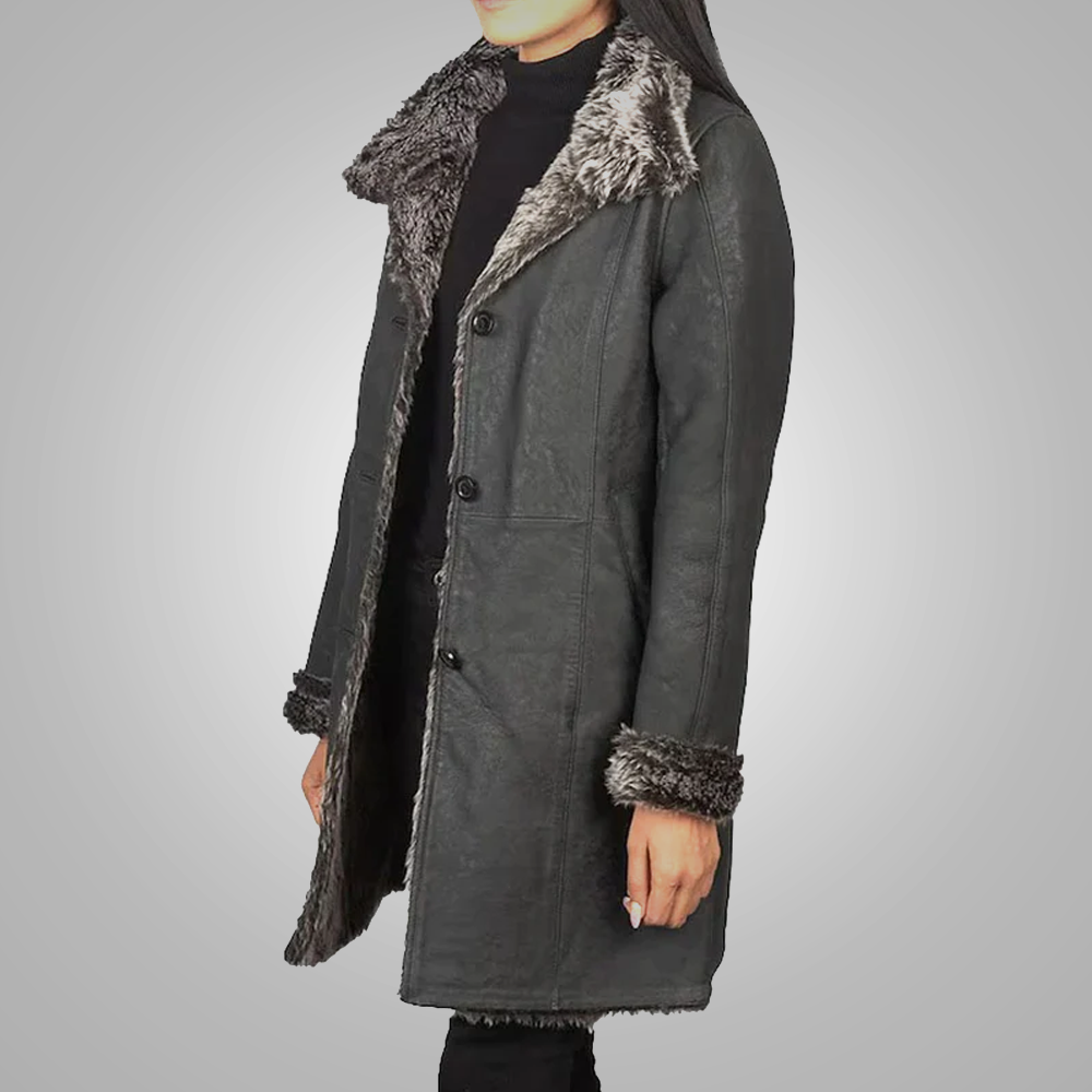 New Sheepskin Black Women Shearling Leather Long Coat For Women