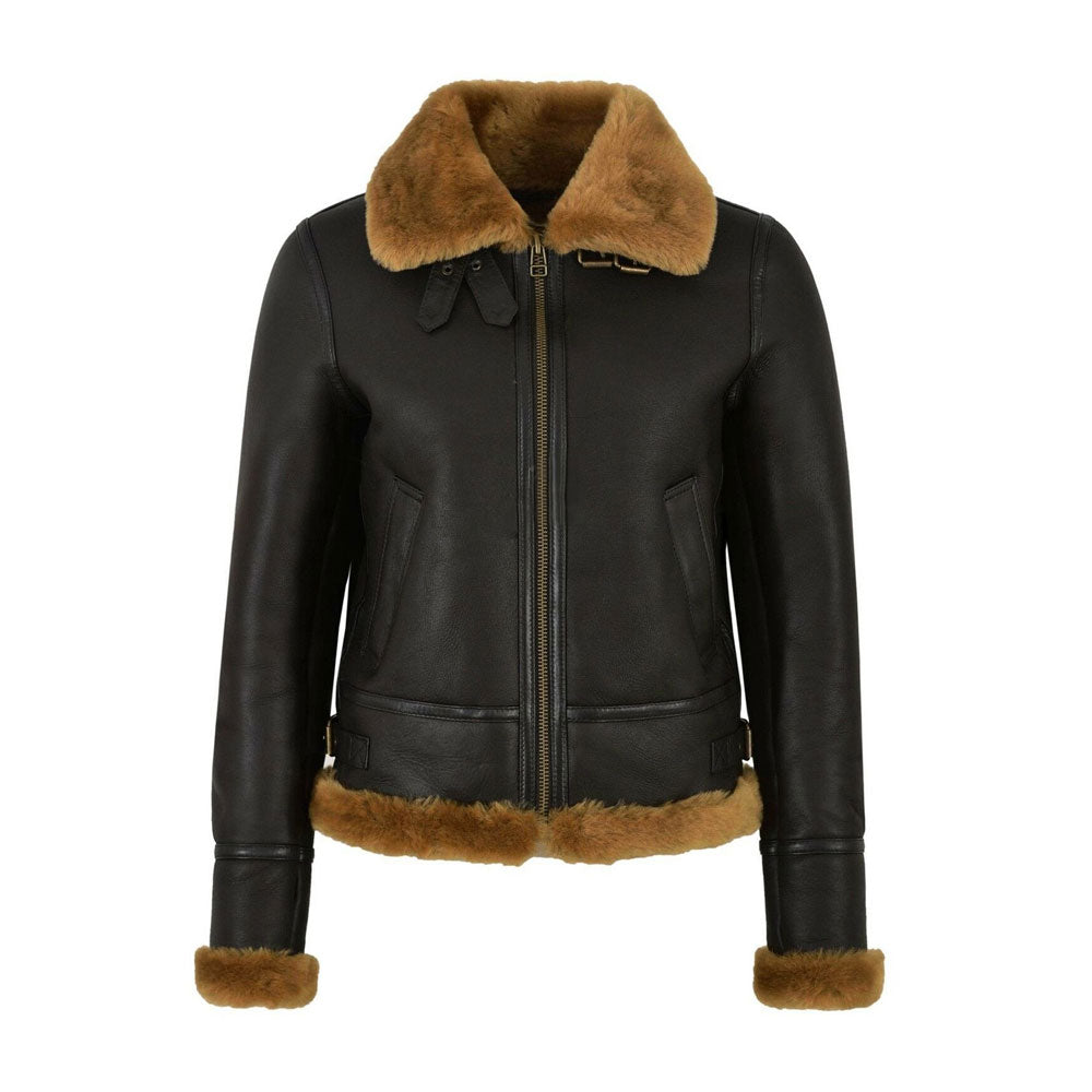Women RAF B3 Flying Aviator Style Sheepskin Shearling Bomber Leather Jacket