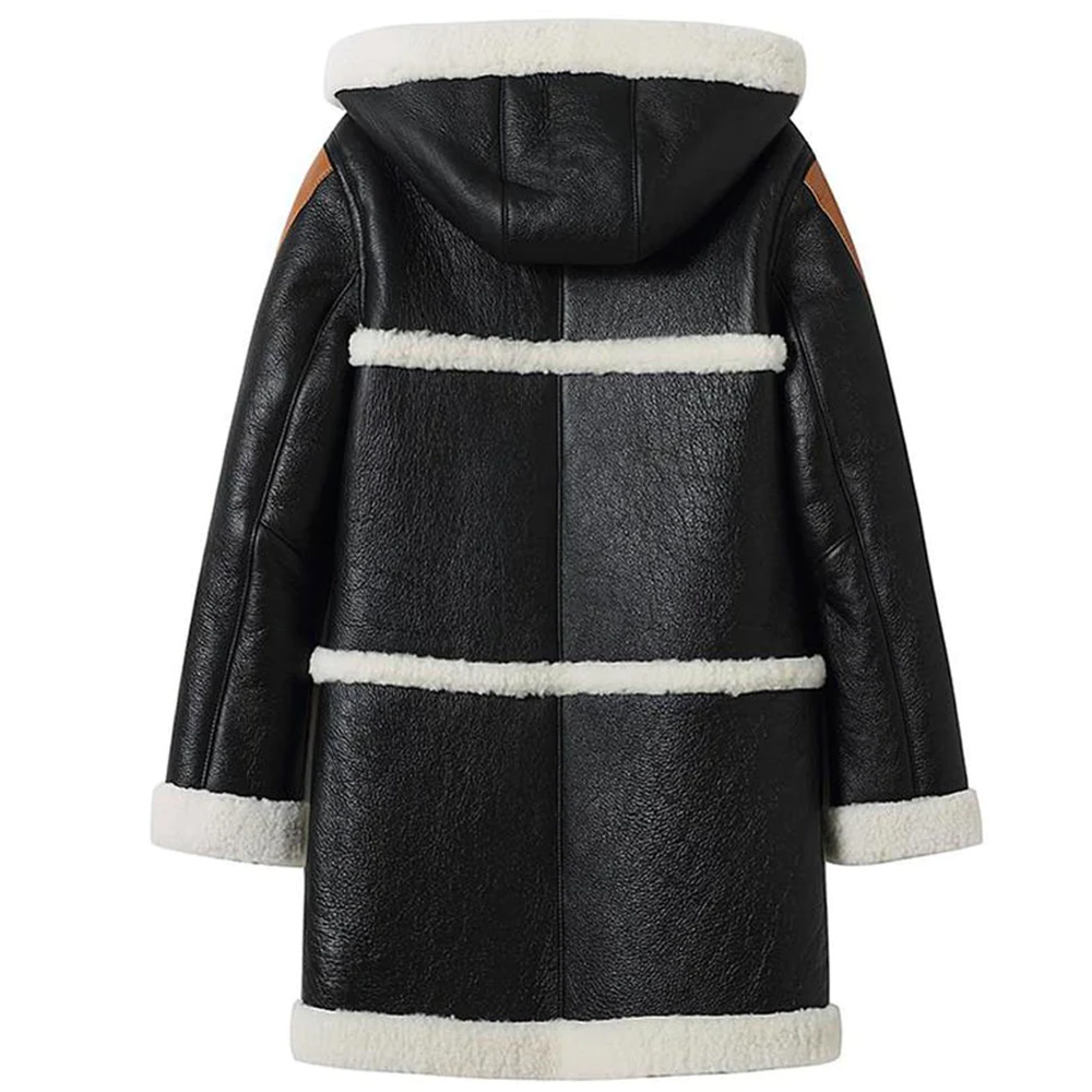 New Black Women's Hooded Lambskin B3 Bomber Shearling Leather Coat With White Fur