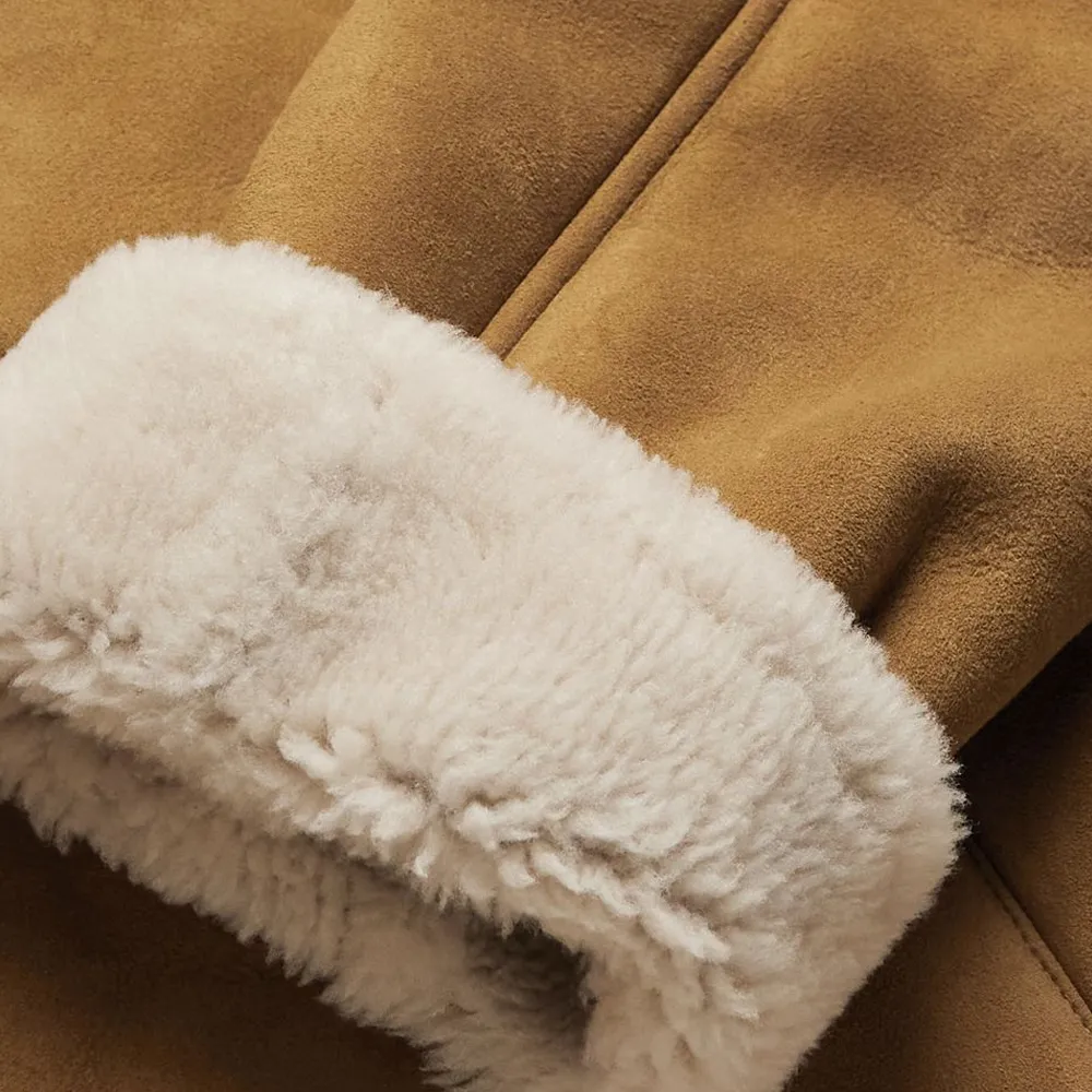 New Brown Khaki Double Breasted Sheepskin Shearling Leather Coat For Men