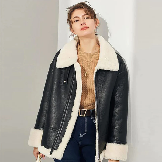 New Lambskin Women's Shearling Leather Lapel Collar Black Leather Coat
