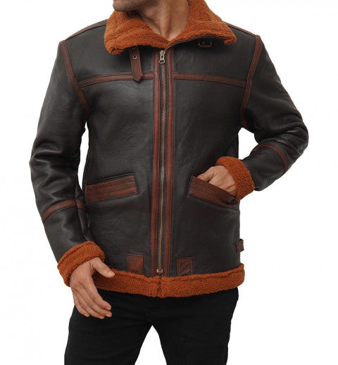 New Men Sheepskin Shearling Dark Brown Leather B3 Bomber Jacket