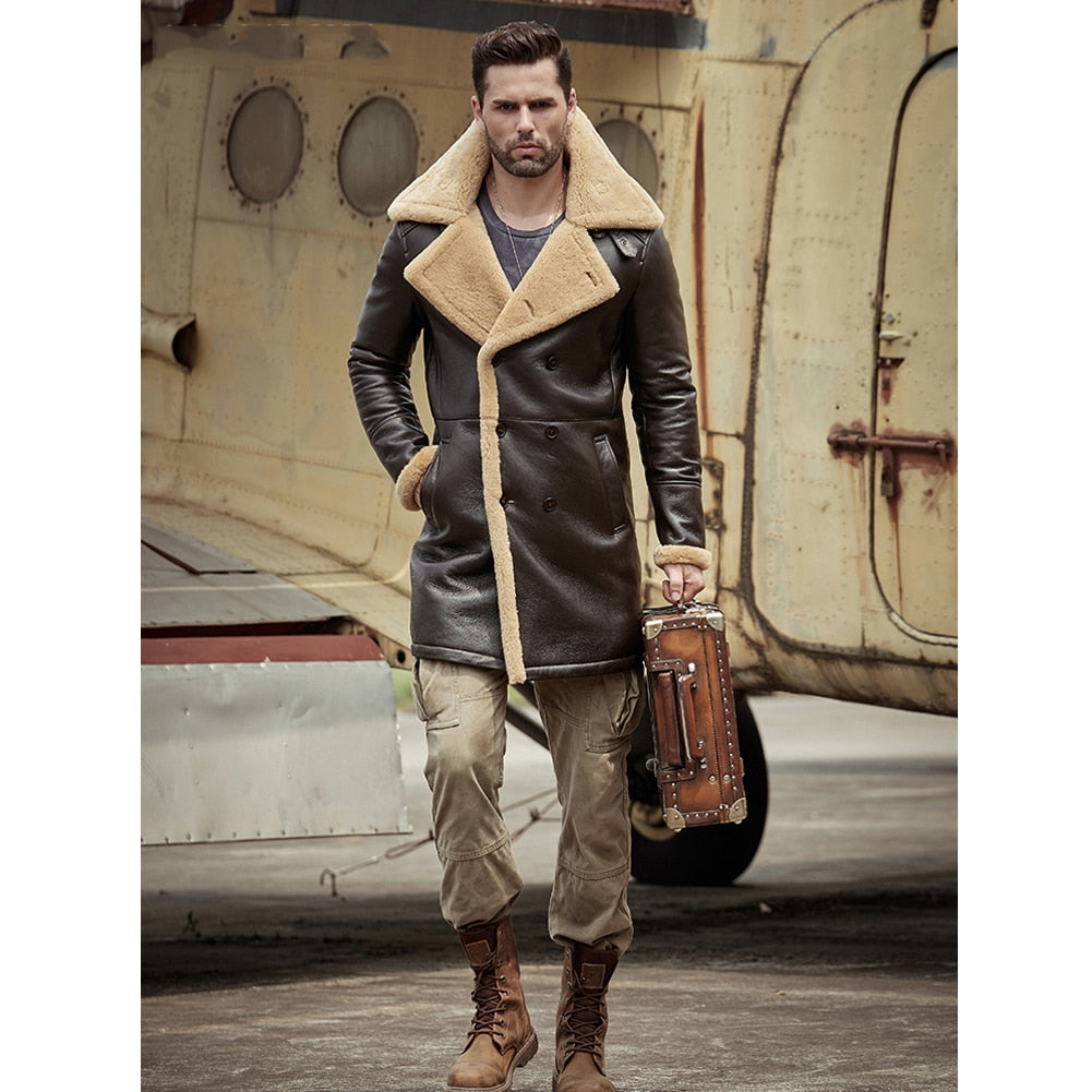 New Sheepskin Shearling Aviator Long Winter Fur Trench Leather