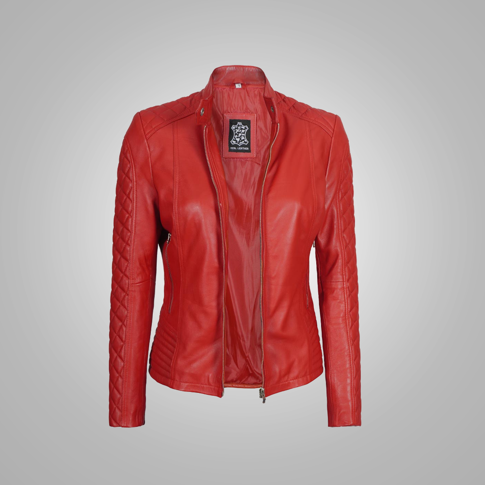 New Red Fashion Women's Sheepskin Leather Biker Jacket