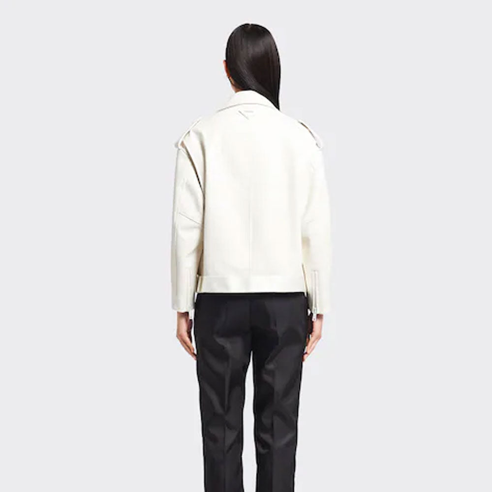 New Women White Sheepskin Genuine Aviator Motorcycle Leather Biker Jacket