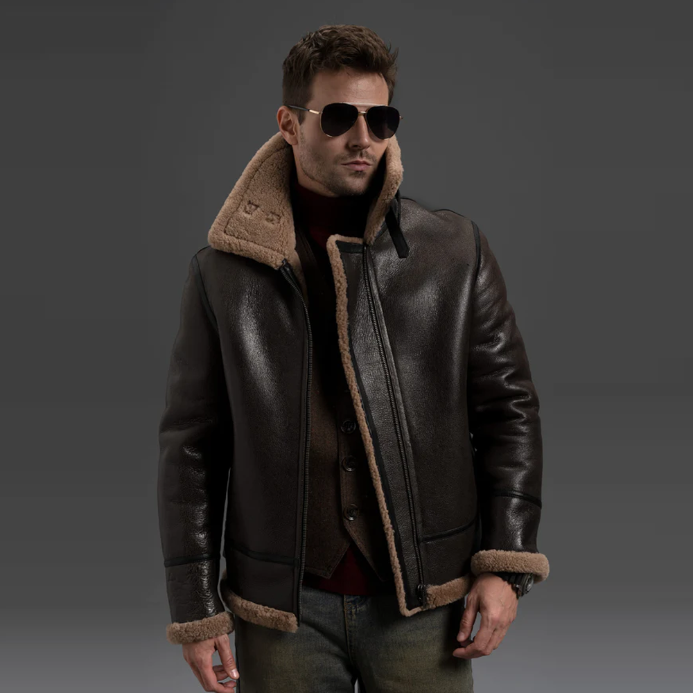 New Men Brown Sheepskin Shearling B-3 Bomber Flight Jacket