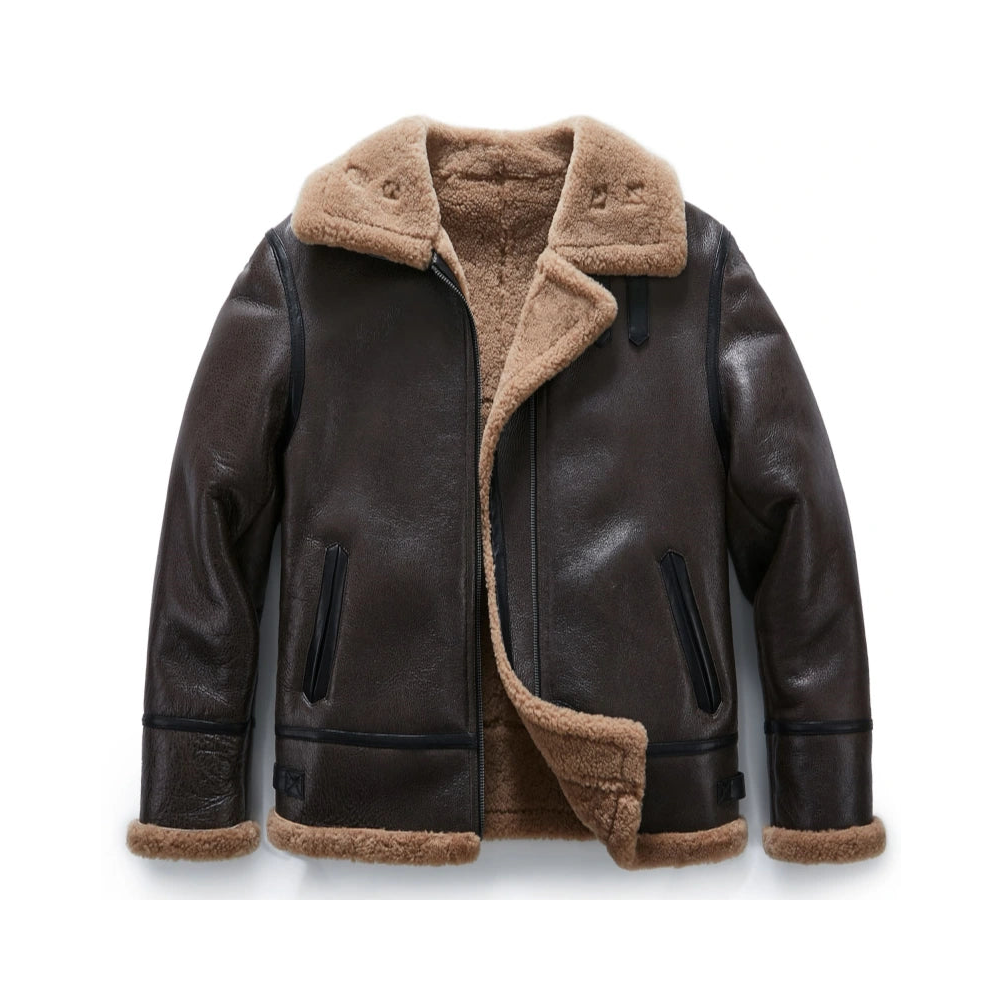 New Men Brown Sheepskin Shearling B-3 Bomber Flight Jacket