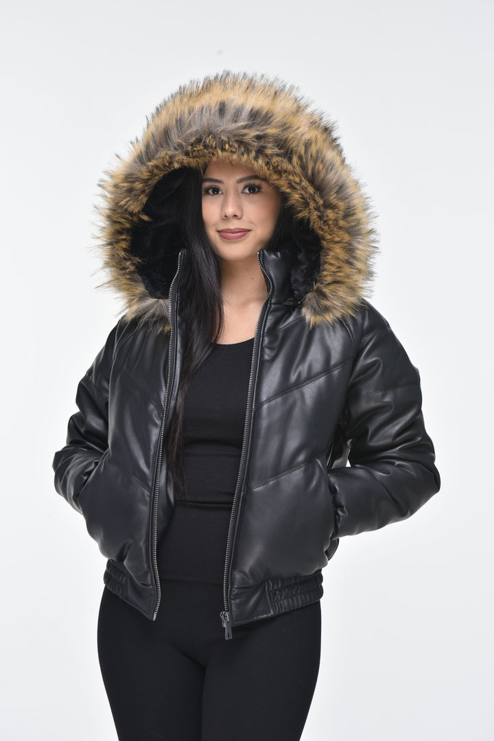 New stylish black fur leather jacket with hood for women