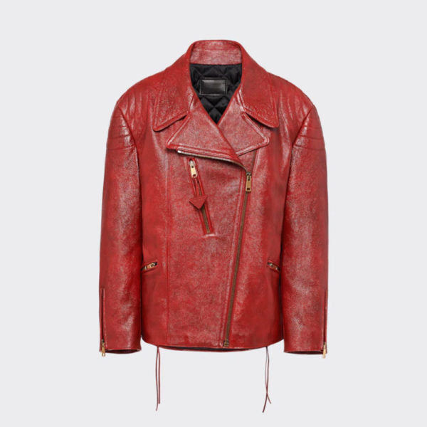 New Red Women Sheepskin Aviator Genuine Motorcycle Riding Leather Biker Jacket