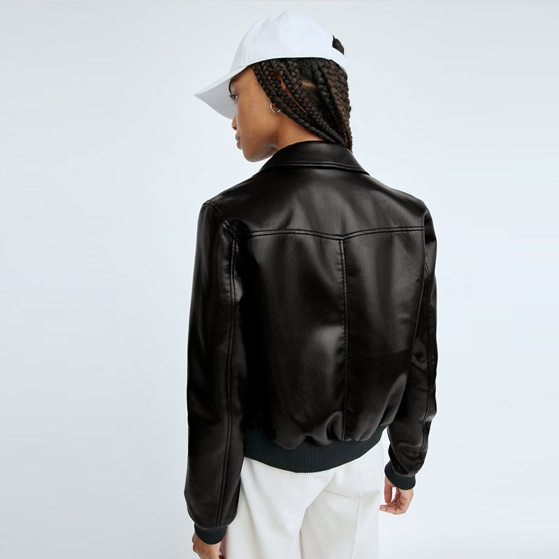 New Women Sheepskin Shearling Aviator Motorbike Black Leather Bomber Jacket