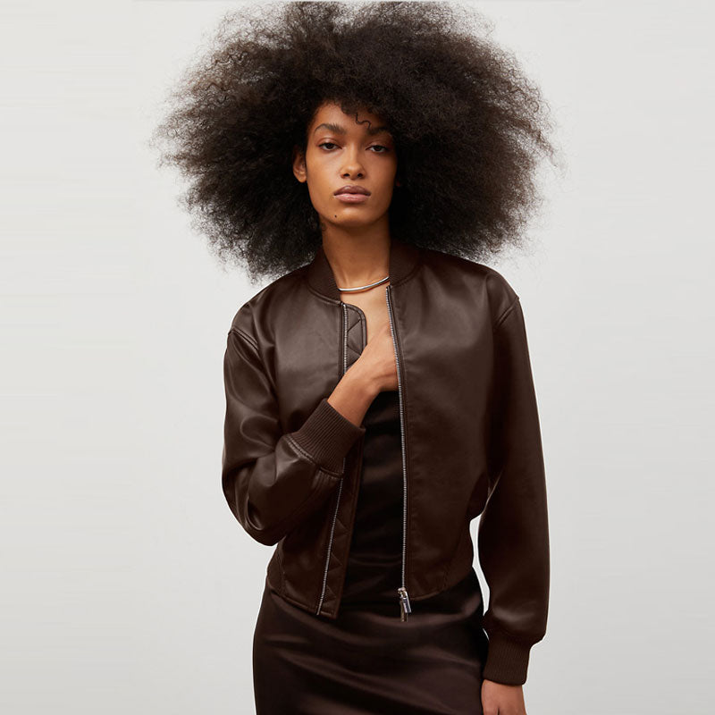 New Bomber Women Aviator Sheepskin Shearling Leather Brown Jacket