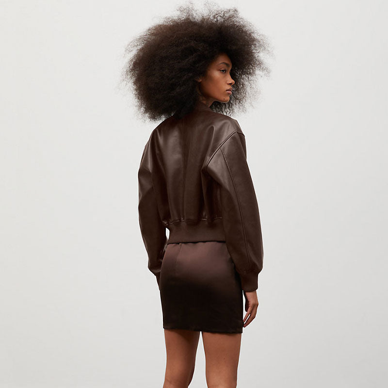 New Bomber Women Aviator Sheepskin Shearling Leather Brown Jacket