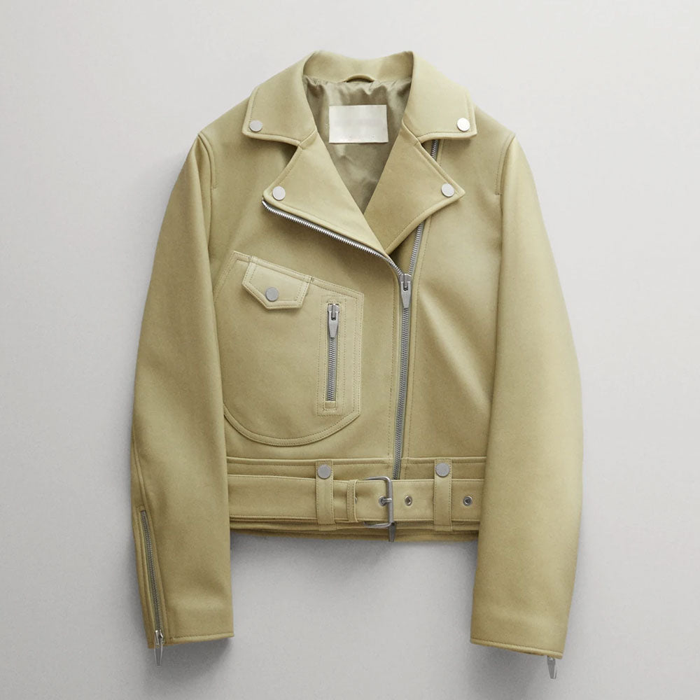 New Women's Yellow Lambskin Motorcycle Aviator Leather Riding Biker Jacket