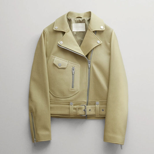 New Women's Yellow Lambskin Motorcycle Aviator Leather Riding Biker Jacket