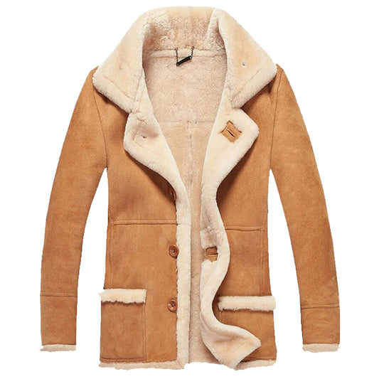 New Men Sheepskin Long Shearling Leather Coat With Turn Down Collar