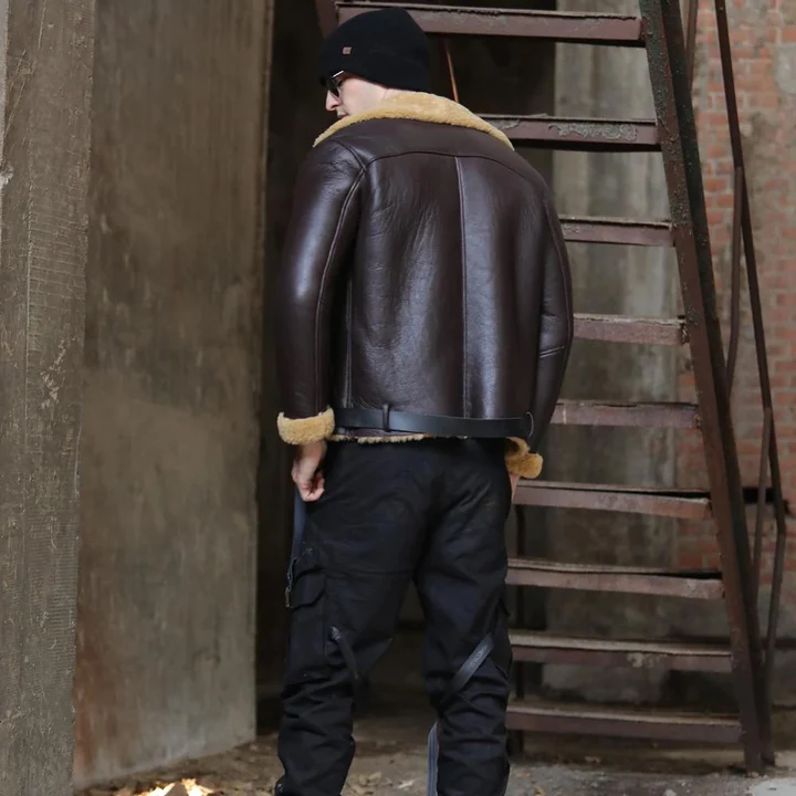 New Men Dark Brown Sheepskin Shearling B3 Flight Leather Bomber Jacket