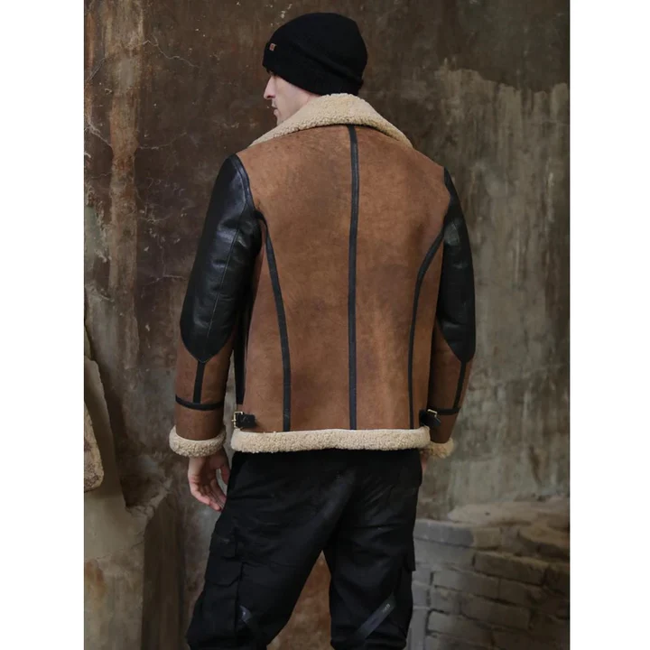 New Black and Brown Mens Two Tone Shearling B3 RAF Flying Aviator Leather Jacket